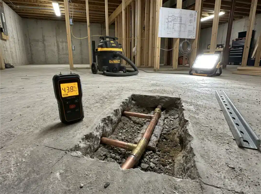 Baseboard and subfloor opened after a slab leak in a ground-floor Brooklyn apartment