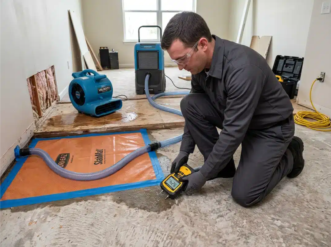 Desiccant dehumidifier and slab drying mats running on a concrete ground floor