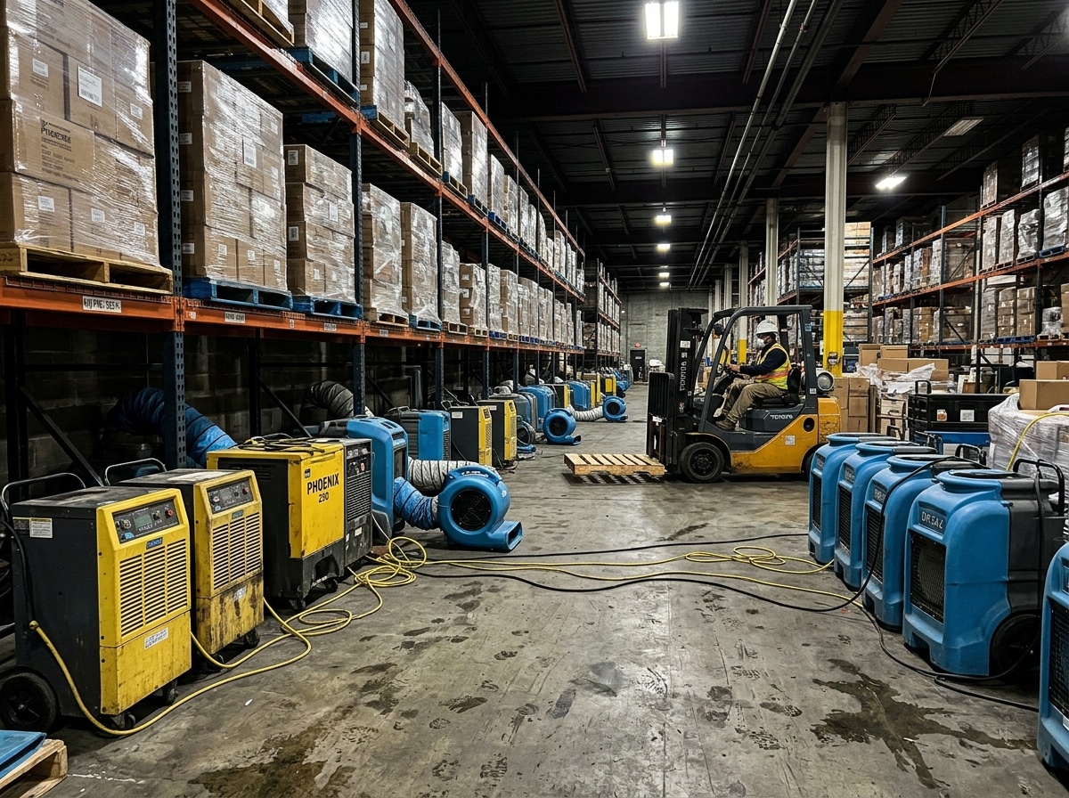 Industrial air movers and dehumidifiers staged across a warehouse concrete floor