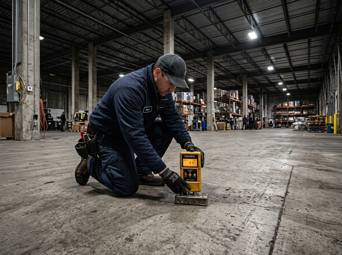 Concrete-calibrated moisture meter taking a depth reading on a warehouse slab