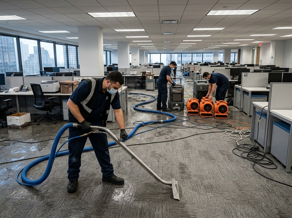 Extraction and drying equipment running simultaneously across a commercial floor plate