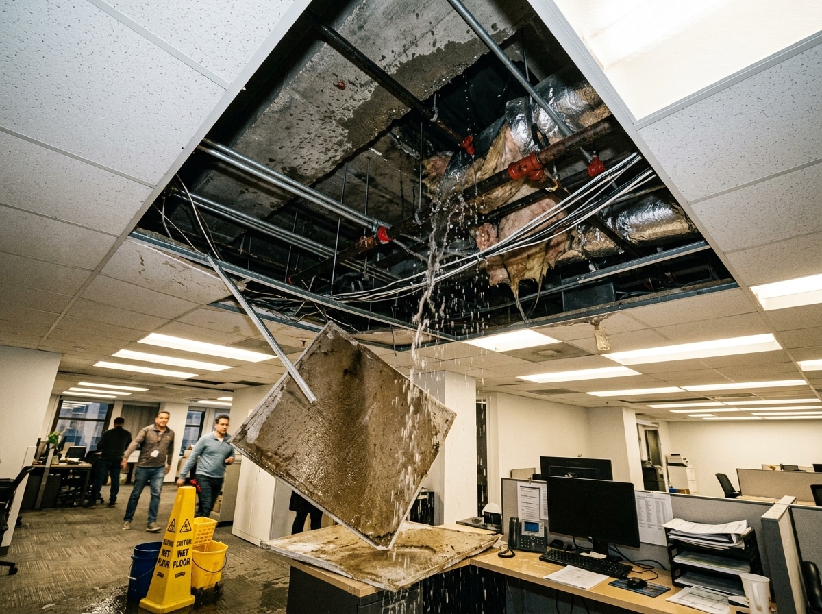 Ceiling plenum above a suspended grid showing lateral water travel in an office building
